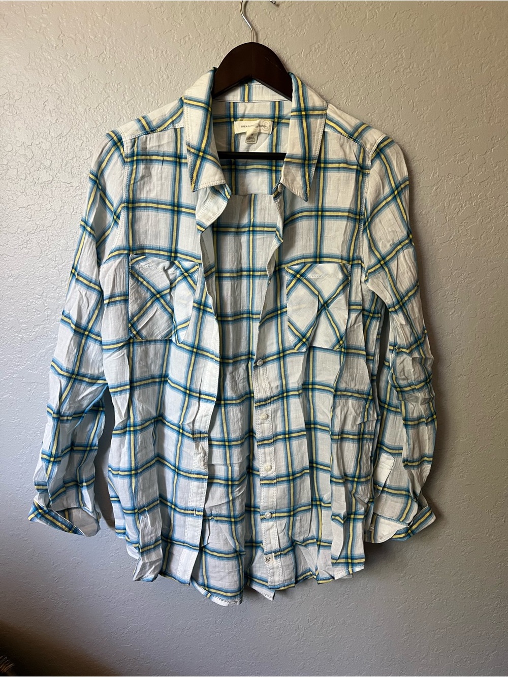 Treasure & Bond White Plaid Button-Down Shirt with Blue & Yellow Lines